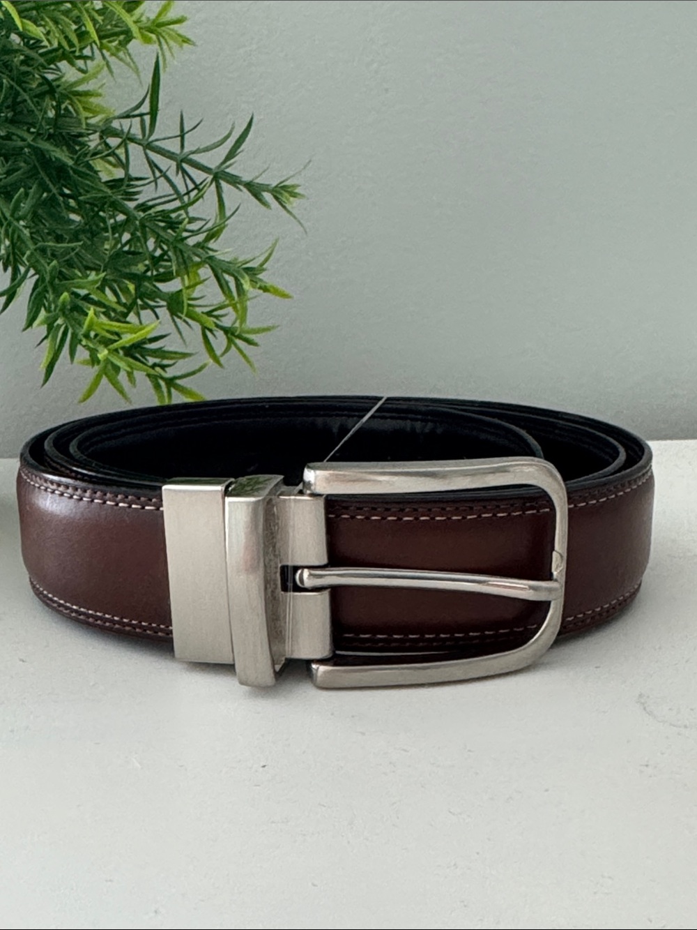 Men's Classic Brown Reversible Black Leather Belt with Silver Buckle